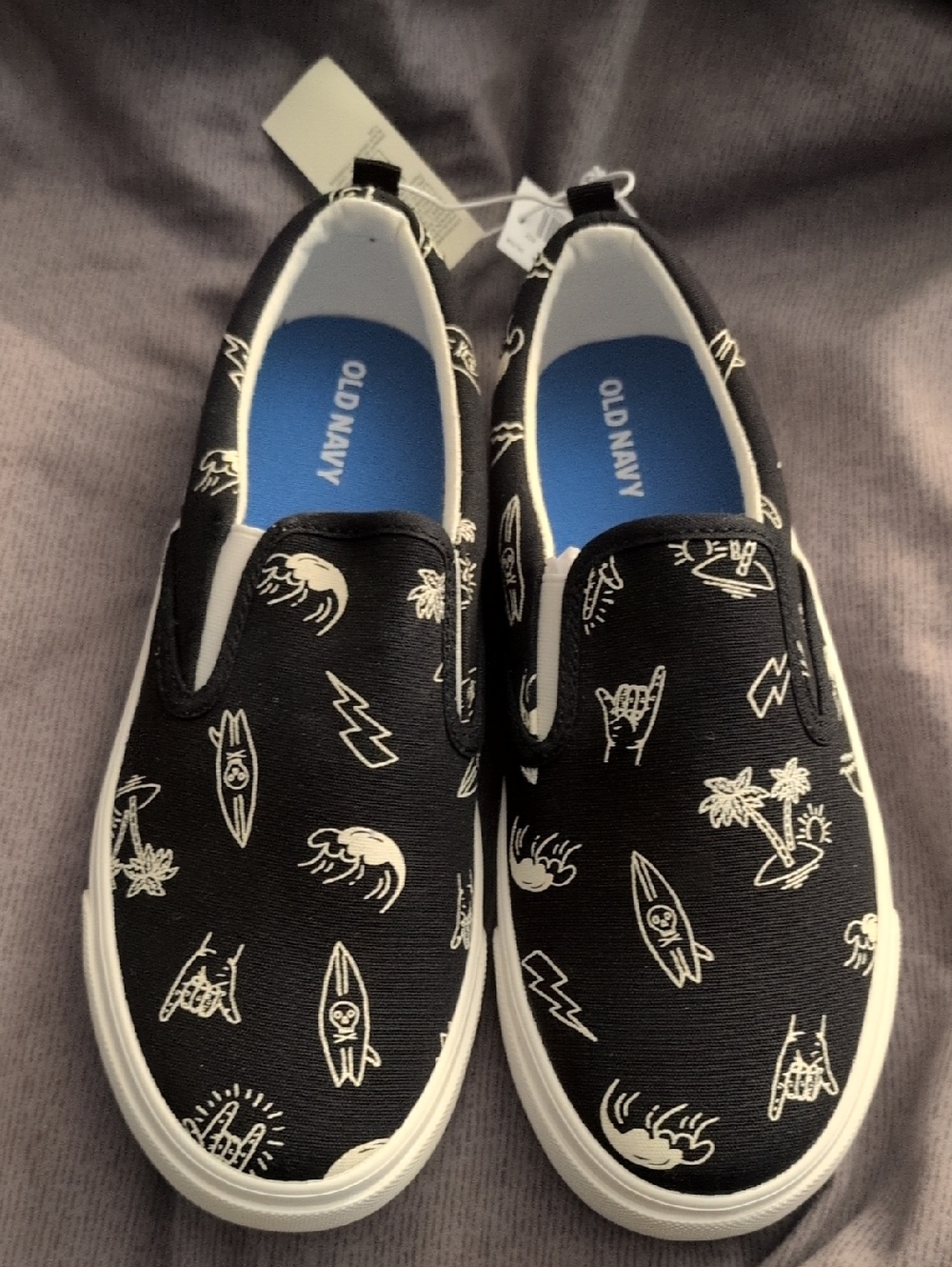 Nwt: Youth Size 4 Old Navy Black Slip-On Sneakers with White Surf Motifs